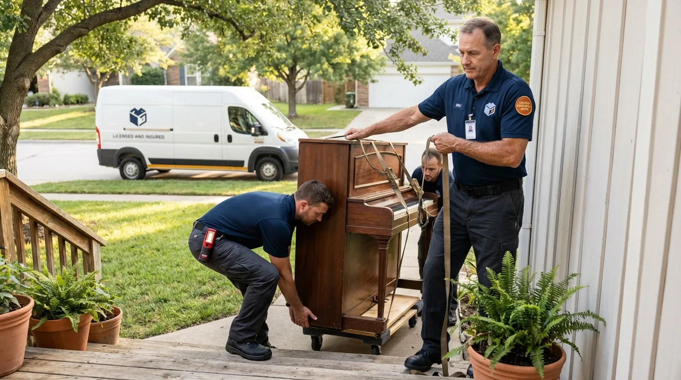 Licensed piano movers securing grand piano in Naples, NY