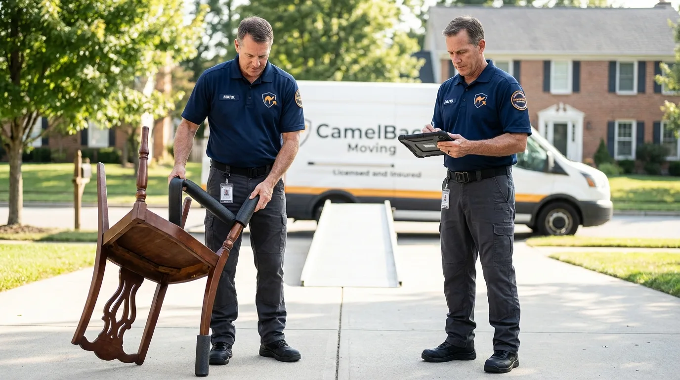 Movers inspecting furniture for damage prevention before loading in Naples, NY