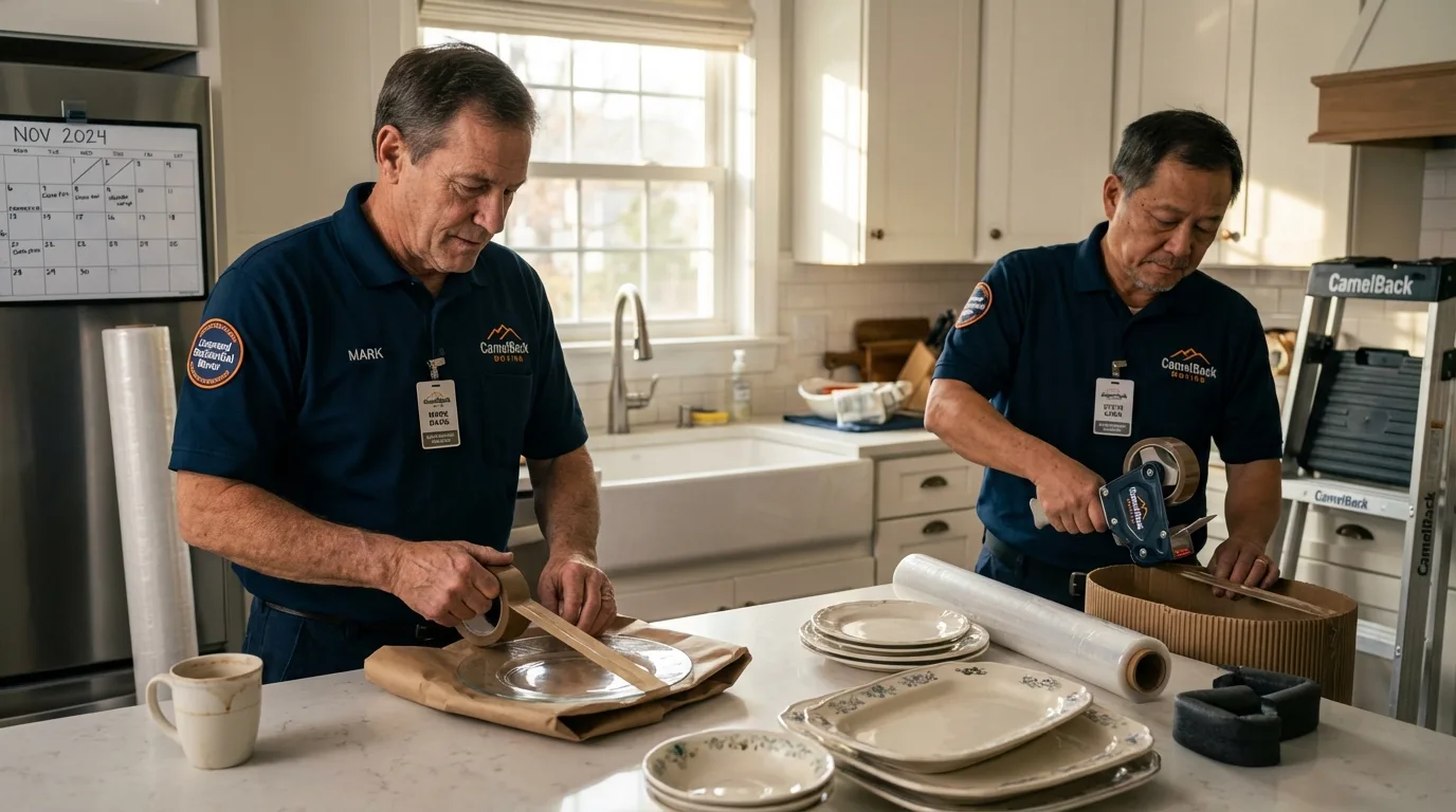 Professional crew packing kitchen dishware in Naples, NY
